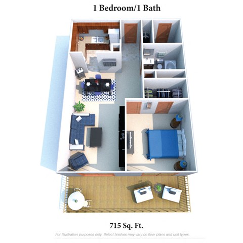 Floor plan for 1 bed, 1 bath, 715 sqft